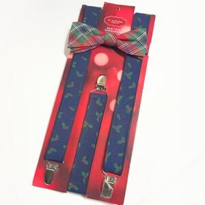 Men's Holiday Bow Tie & Suspenders Set – Plaid & Holly – 2-Piece